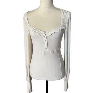 FP M Ivory Ribbed Lace Frill Square Neck Long Sleeve Blouse Y2K Romantic